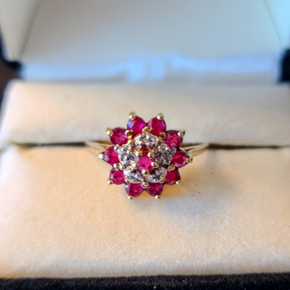 Ruby and Diamond Cluster Ring, 10kt Yellow Gold